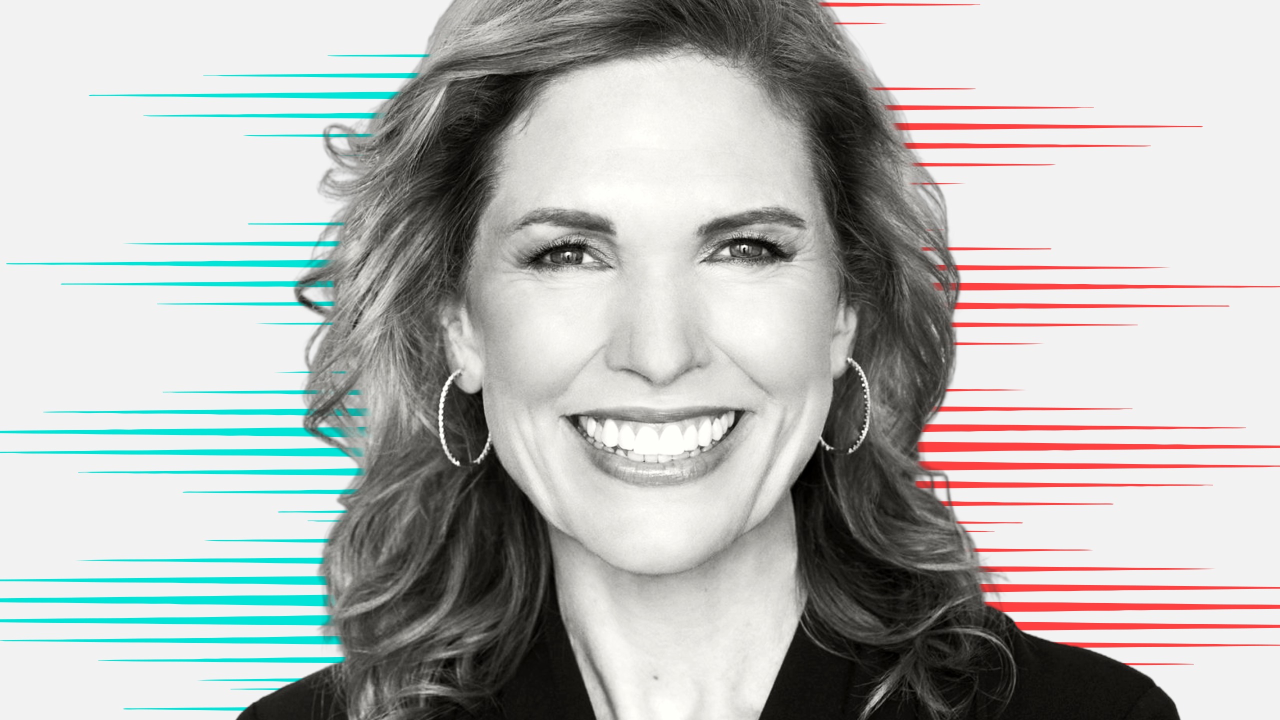 Black and white cut out head and shoulders portrait of Kristin Schake on People Moves-style blue and red stripy background