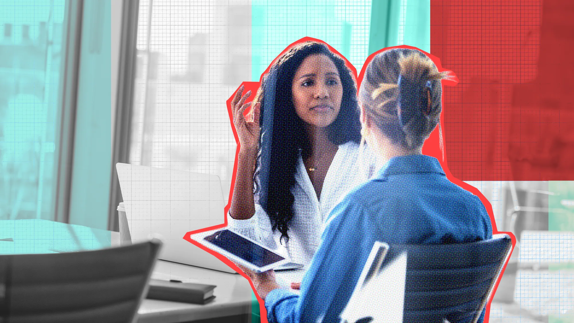 Two office workers discuss recruitment. One of the is holding a tablet device