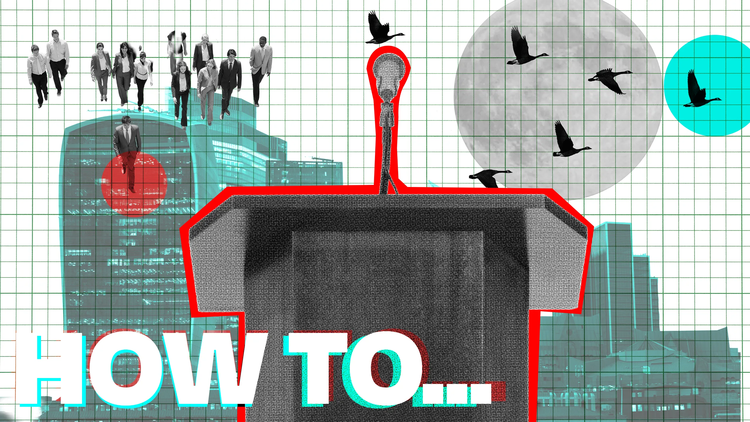 'How to' written on a composite image of office workers walking behind a leader with London city buildings behind and geese following their leader in a flying skein, with full moon in background