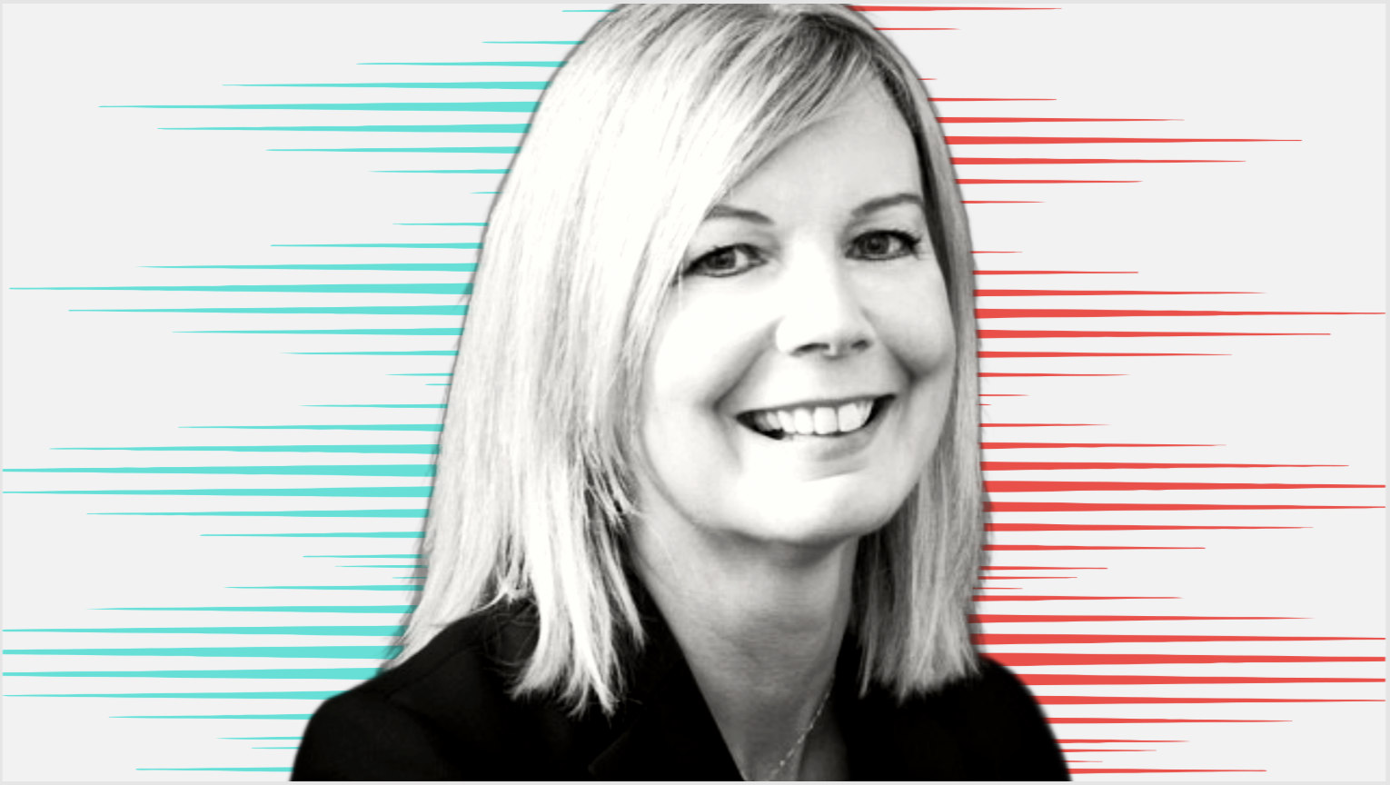 Black and white cut-out picture of Charlotte Butler in In.Comms People Moves style, with horizontal blue and red stripes in a geometric pattern on a white background