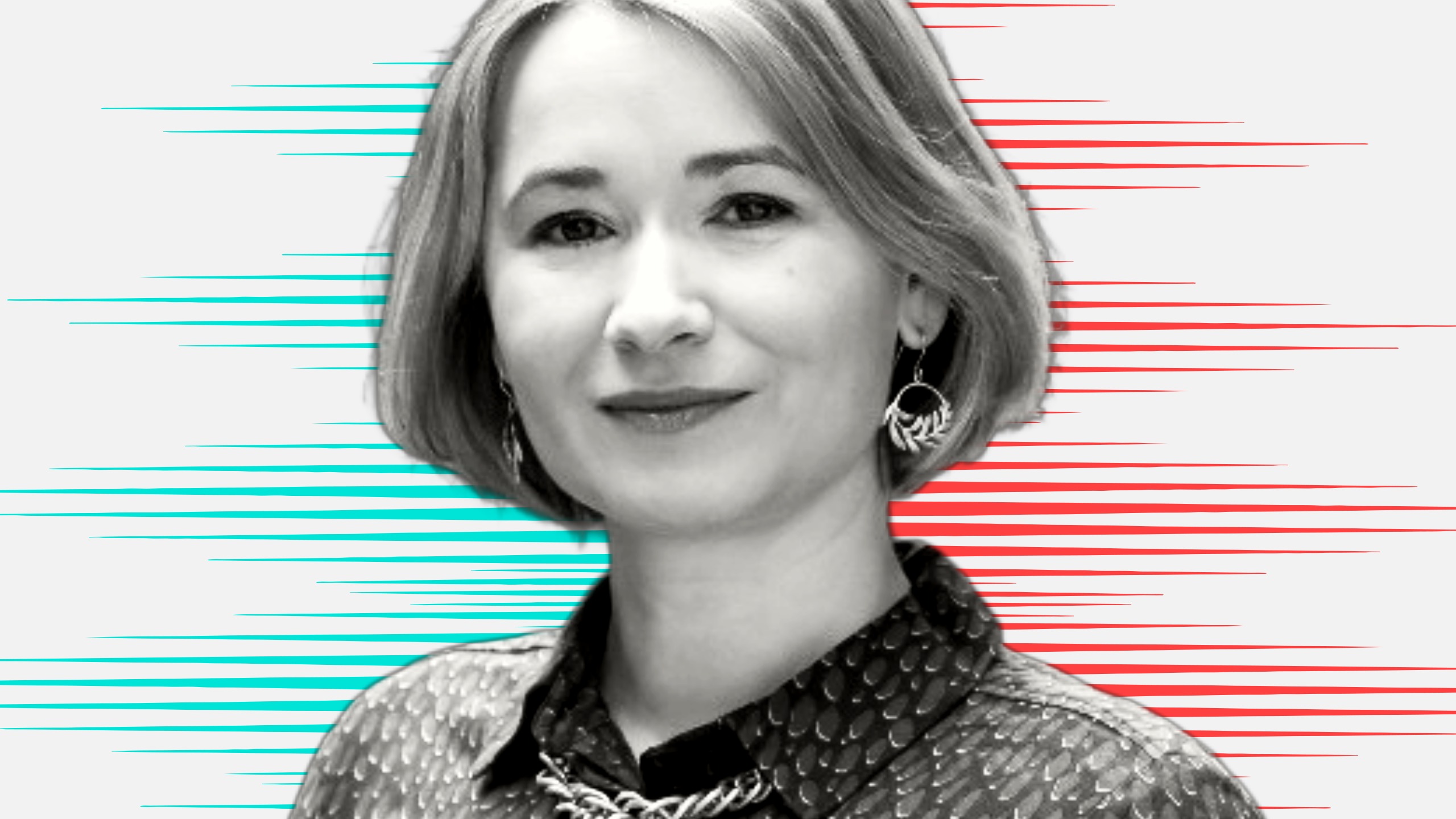 Black and white cut-out picture of Emily Tofield with red and blue stripy background in In.Comms' People Moves style