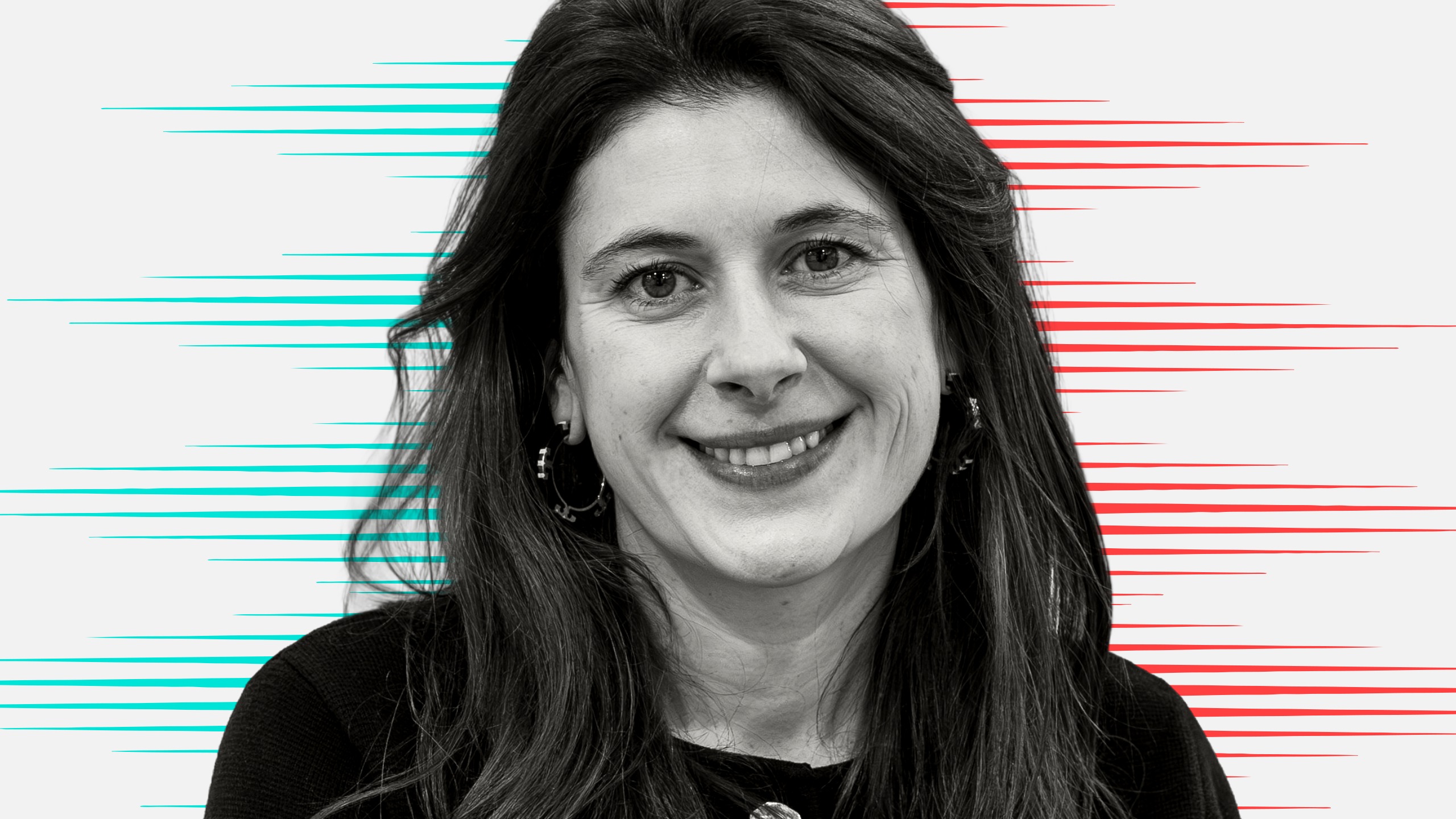 Black and white cut out head and shoulders portrait of Laura Harvey on People Moves-style blue and red stripy background