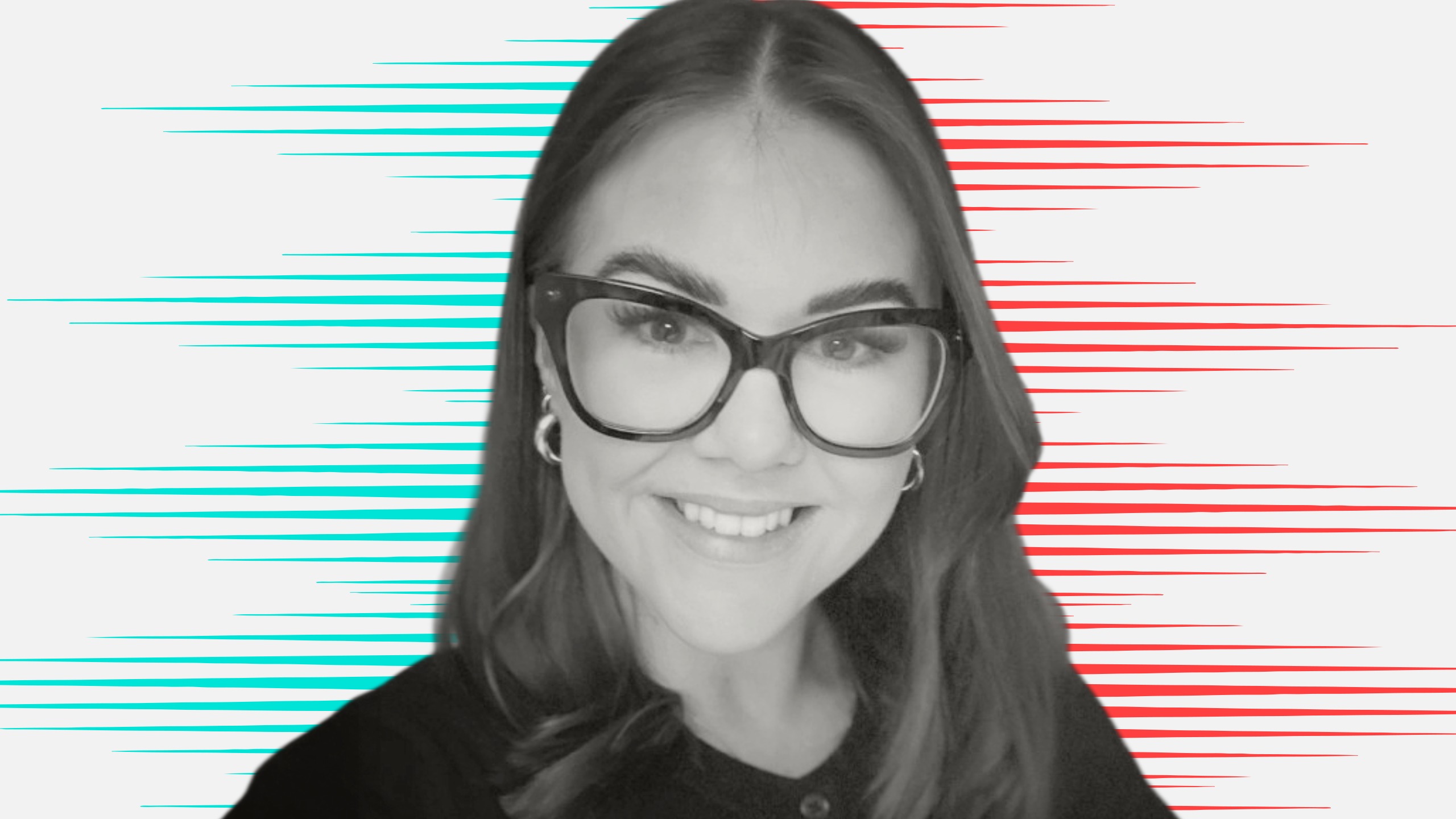 Black and white cut out head and shoulders portrait of Madeleine Porter on People Moves-style blue and red stripy background