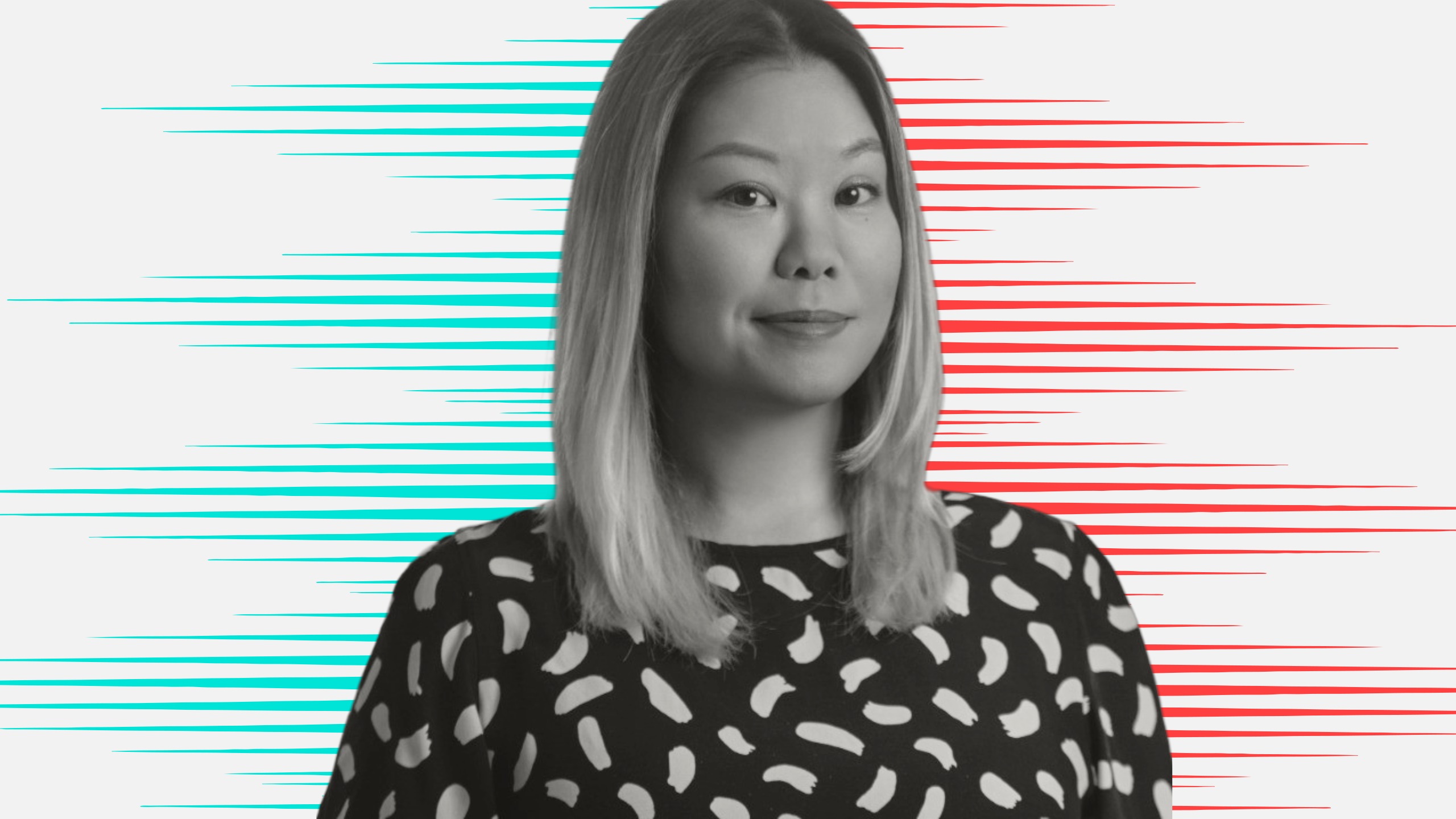 Cut-out black and white head and shoulders portrait of Leanne Tsang against a blue and red background in In.Comms People Moves style.