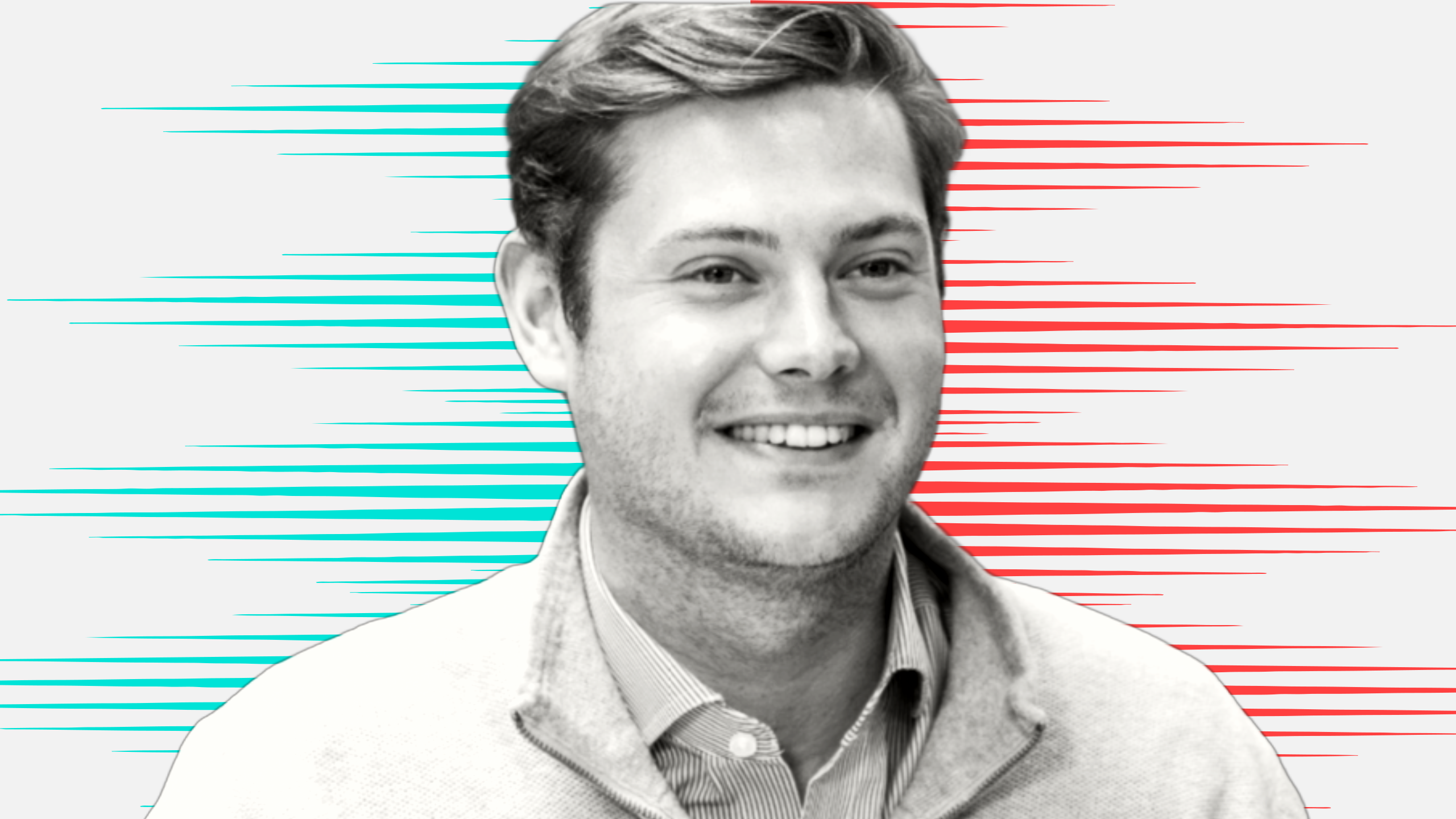 Black and white cut out head and shoulders portrait of Harry Brown on People Moves-style blue and red stripy background