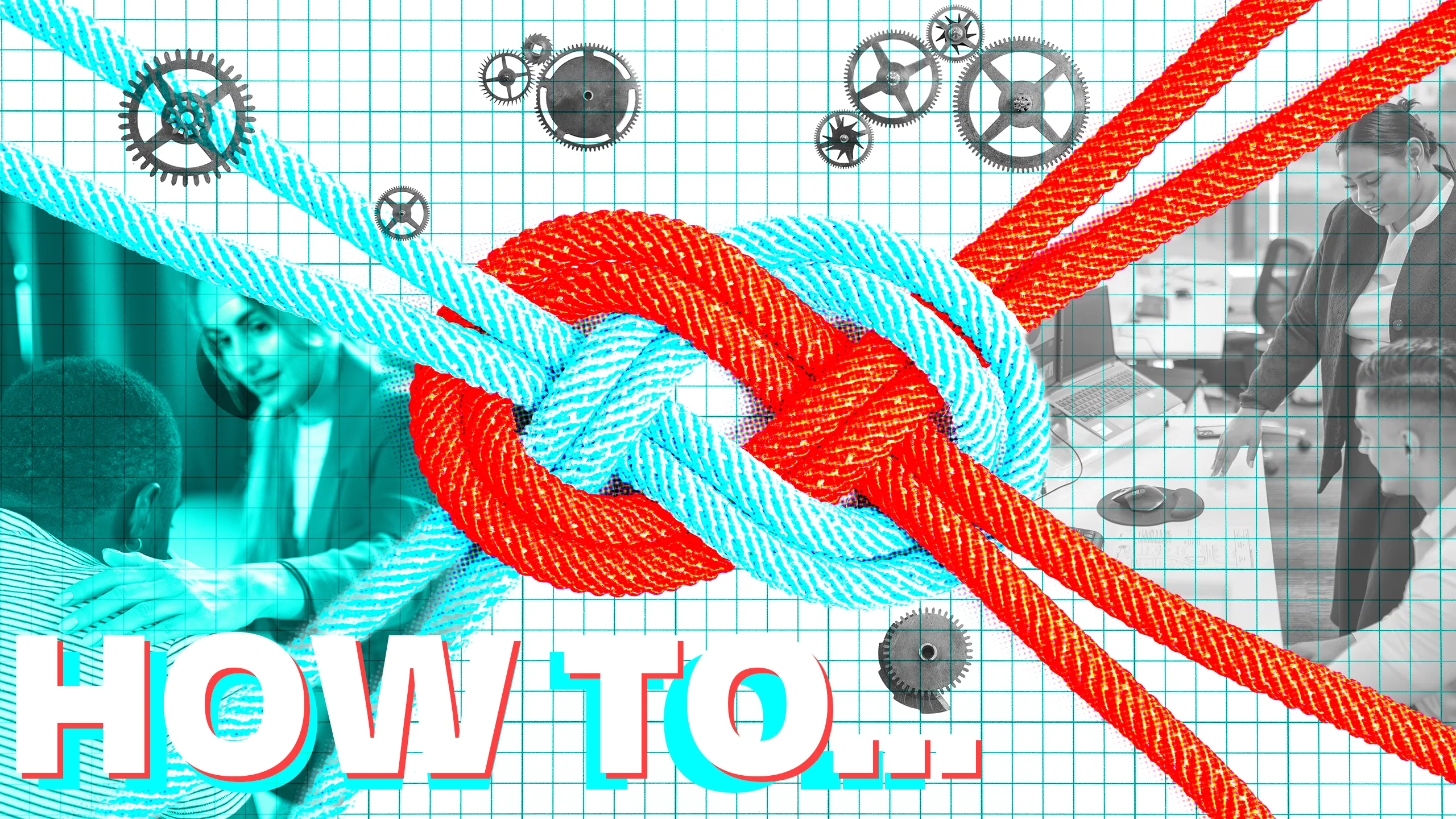 Office workers getting together in an office setting, providing support, overlaid with illustrations of a large red and blue reef knot, plus cogs and gears